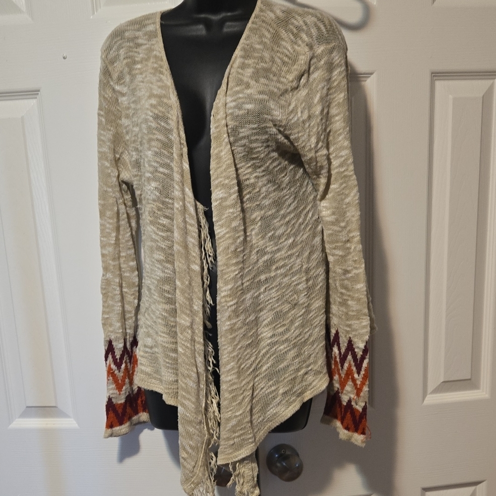 Derek Heart Beige Cardigan with Colorful Sleeve Patterns